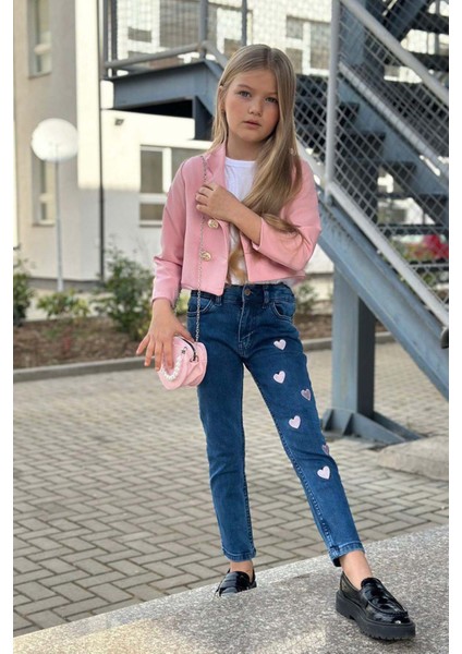 Kız Çocuk Gümüş Düğme Detaylı Pudra Blazer Ceket Kalp Detaylı Jean Pantolon Alt Üst Takım 2251205016 fiyatları