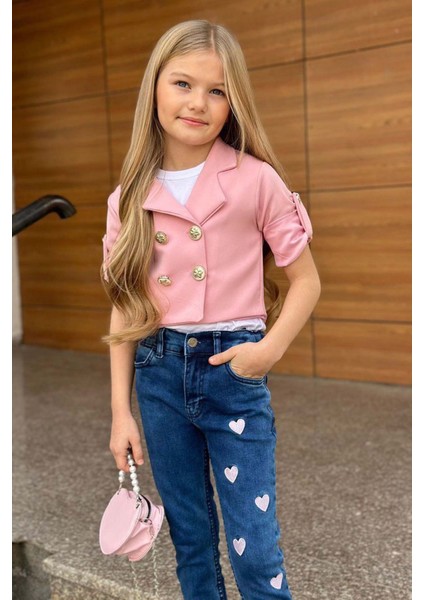 Kız Çocuk Gümüş Düğme Detaylı Pudra Blazer Ceket Kalp Detaylı Jean Pantolon Alt Üst Takım 2251205016 modelleri
