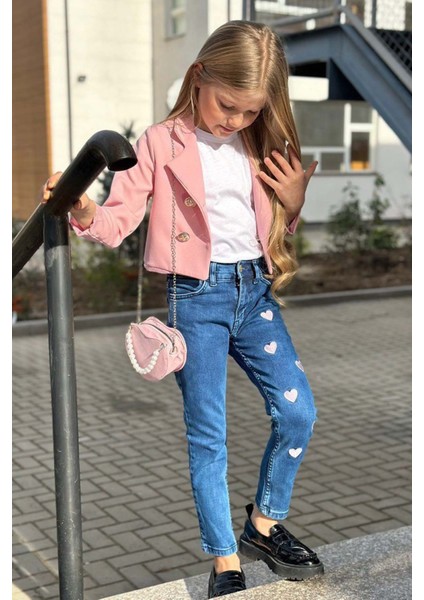 Kız Çocuk Gümüş Düğme Detaylı Pudra Blazer Ceket Kalp Detaylı Jean Pantolon Alt Üst Takım 2251205016 fırsatları