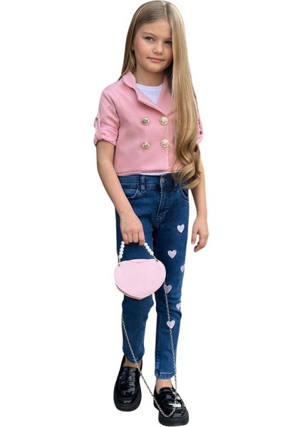Kız Çocuk Gümüş Düğme Detaylı Pudra Blazer Ceket Kalp Detaylı Jean Pantolon Alt Üst Takım 2251205016 indirimleri