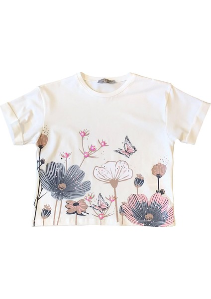 Kız Çocuk Çiçek Baskılı Taş Detaylı Tshirt