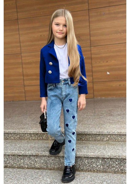 Kız Çocuk Gümüş Düğme Detaylı Lacivert Blazer Ceket Kalp Detaylı Jean Pantolon Alt Üst Takım
