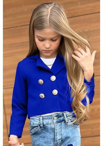 Kız Çocuk Gümüş Düğme Detaylı Lacivert Blazer Ceket Kalp Detaylı Jean Pantolon Alt Üst Takım modelleri