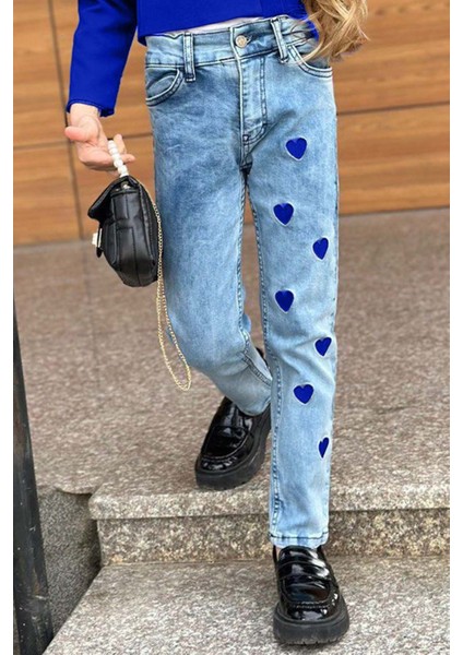 Kız Çocuk Gümüş Düğme Detaylı Lacivert Blazer Ceket Kalp Detaylı Jean Pantolon Alt Üst Takım fırsatları