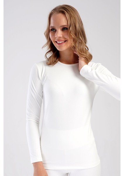 Kadın Uzun Kol Bisiklet Yaka Termal T-Shirt 409008 Ekru