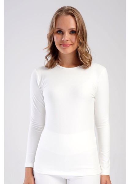 Kadın Uzun Kol Bisiklet Yaka Termal T-Shirt 409008 Ekru modelleri