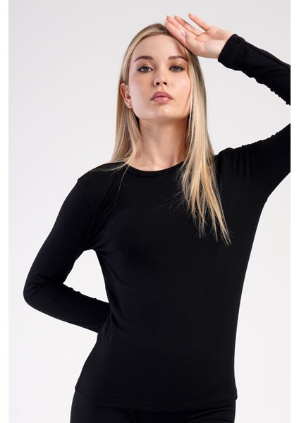 Kadın Uzun Kol Bisiklet Yaka Termal T-Shirt 409008 Siyah