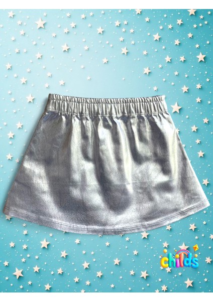 Parlak Dokuma Lıkralı Lame Gümüş Baskılı Mini Kız Çocuk Etek