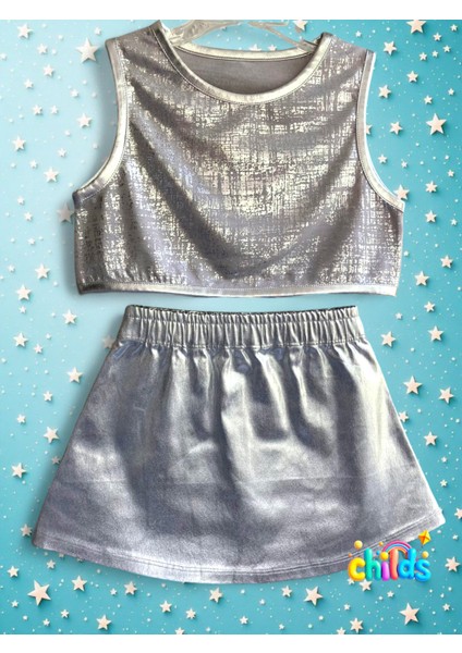 Parlak Dokuma Lıkralı Lame Gümüş Baskılı Mini Kız Çocuk Etek modelleri