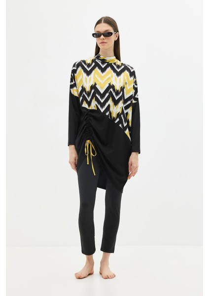 Desenli Rahat Kesim 4'lü Tesettür Mayo 6297 Sarı/siyah