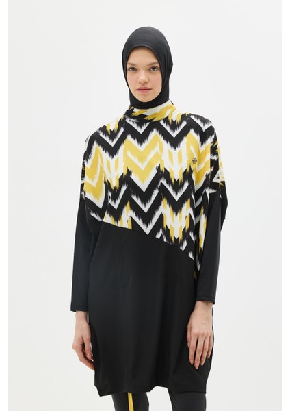 Desenli Rahat Kesim 4'lü Tesettür Mayo 6297 Sarı/siyah fiyatları