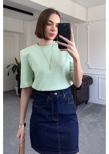 Omuz Vatkalı Premium Tshirt- Mint