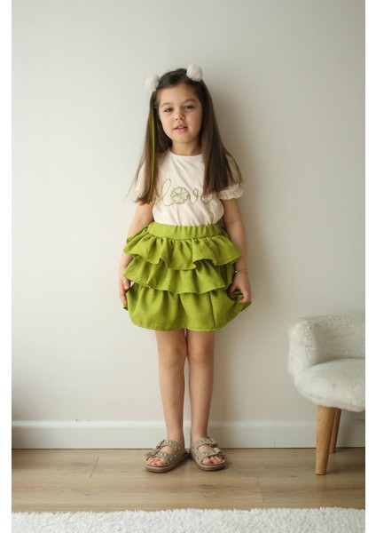 Kız Çocuk Love Yazılı Tişört ve Kat Kat Volanlı Yağ Yeşili Etek Takımı fiyatları