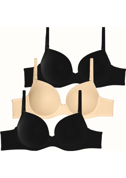 3'lü Paket Dolgusuz Yumuşak Kaplı Örme Sütyen C37025 Siyah/ten