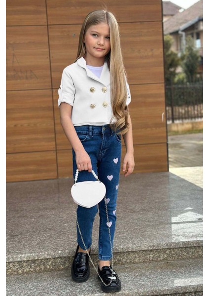 Kız Çocuk Gümüş Düğme Detaylı Beyaz Blazer Ceket Kalp Detaylı Jean Pantolon Alt Üst Takım