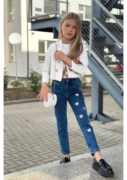 Kız Çocuk Gümüş Düğme Detaylı Beyaz Blazer Ceket Kalp Detaylı Jean Pantolon Alt Üst Takım fiyatları