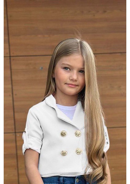 Kız Çocuk Gümüş Düğme Detaylı Beyaz Blazer Ceket Kalp Detaylı Jean Pantolon Alt Üst Takım modelleri