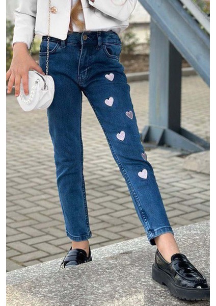 Kız Çocuk Gümüş Düğme Detaylı Beyaz Blazer Ceket Kalp Detaylı Jean Pantolon Alt Üst Takım fırsatları