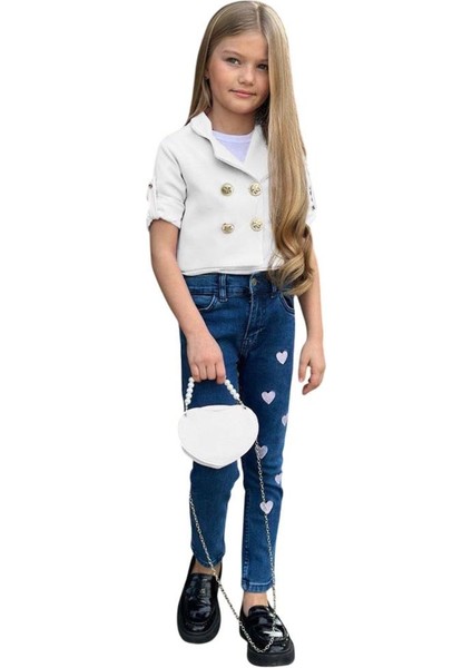 Kız Çocuk Gümüş Düğme Detaylı Beyaz Blazer Ceket Kalp Detaylı Jean Pantolon Alt Üst Takım indirimleri