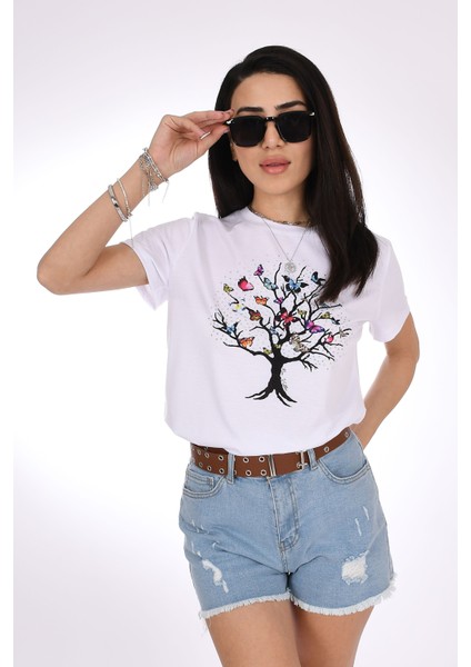 Kelebek Ağacı Taş Işlemeli Beyaz Kadın Tişört - Doğanın Zarif Enerjisi - Pia Velle