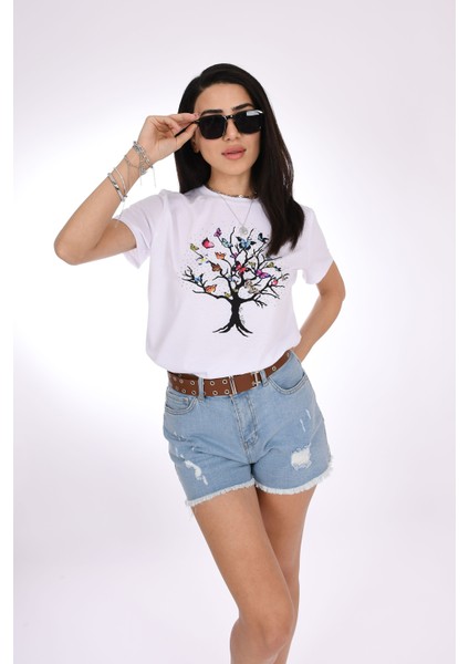 Kelebek Ağacı Taş Işlemeli Beyaz Kadın Tişört - Doğanın Zarif Enerjisi - Pia Velle indirimleri