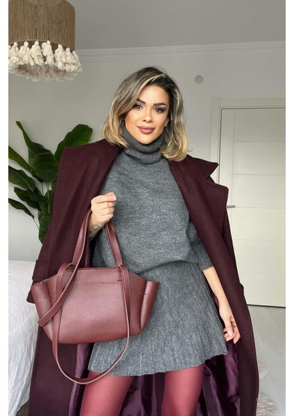 Mini Etek & Oversize Balıkçı Triko Takım Gri