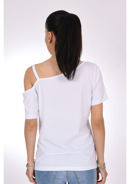 Bloom Like A Flower Baskı ve Taş Işlemeli Beyaz Kadın Tişört - Çiçek Gibi Aç - Pia Velle modelleri