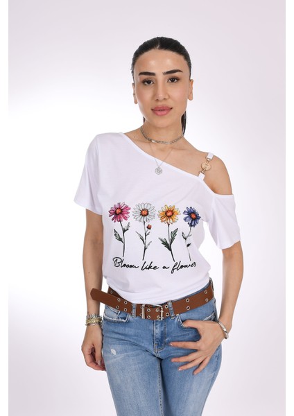 Bloom Like A Flower Baskı ve Taş Işlemeli Beyaz Kadın Tişört - Çiçek Gibi Aç - Pia Velle fırsatları