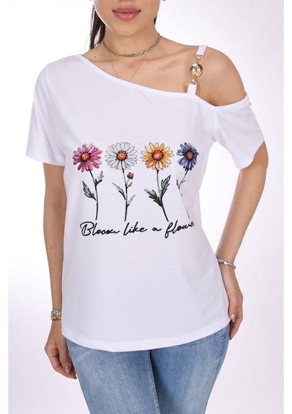 Bloom Like A Flower Baskı ve Taş Işlemeli Beyaz Kadın Tişört - Çiçek Gibi Aç - Pia Velle indirimleri