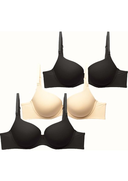 3'lü Paket Dolgusuz Yumuşak Kaplı Örme Sütyen C37010 Siyah/ten