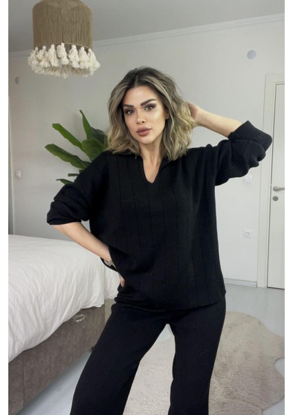 Çizgil Triko Pantolonlu Takım Siyah