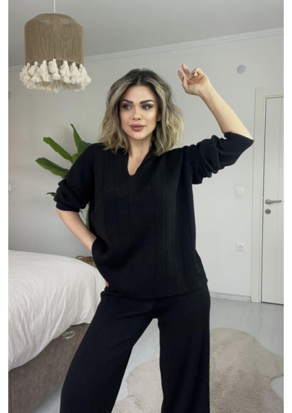 Çizgil Triko Pantolonlu Takım Siyah