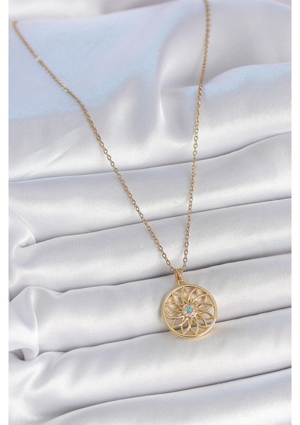 316L Çelik Gold Renk Zincr Mavi Taşlı Lotus Model Kadın Kolye - TJ-BKO10061