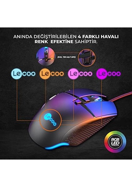 Lenovo MG1101 6400 Dpı 8 Tuşlu Kablolu Rgb LED Aydınlatmalı Gaming Mouse Siyah modelleri