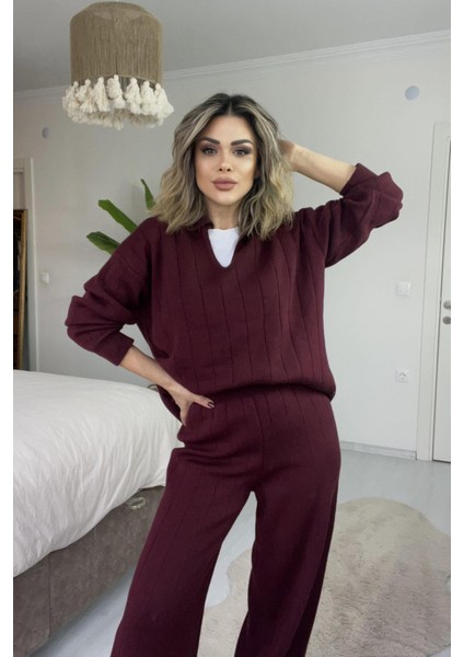 Çizgil Triko Pantolonlu Takım Bordo