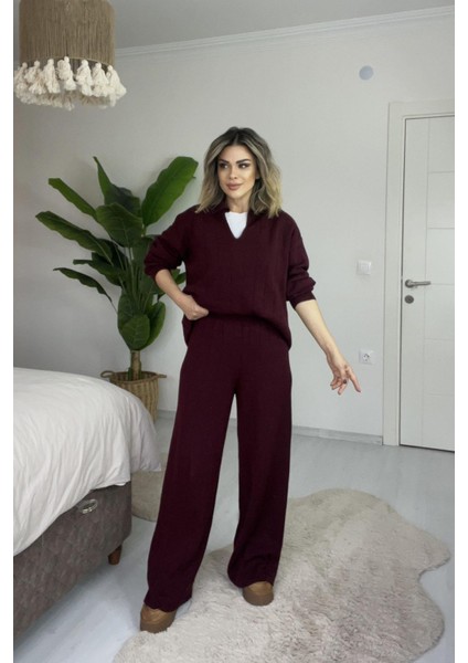 Çizgil Triko Pantolonlu Takım Bordo