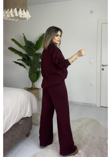 Çizgil Triko Pantolonlu Takım Bordo
