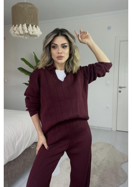 Çizgil Triko Pantolonlu Takım Bordo