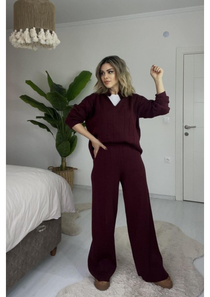 Çizgil Triko Pantolonlu Takım Bordo