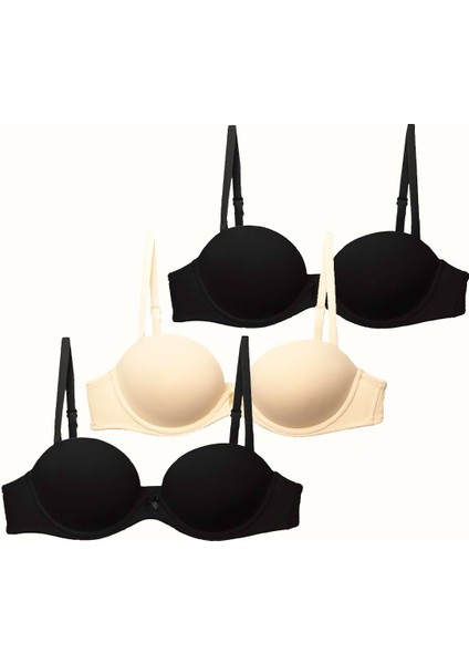 3'lü Paket Double Push Up Straplez Yumuşak Kaplı Örme Sütyen C37040 Siyah/ten