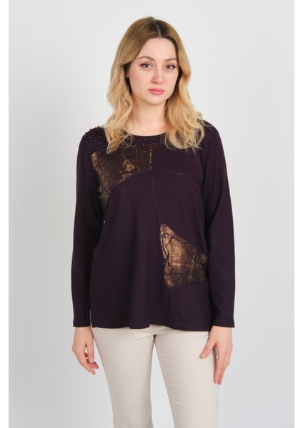 Kadın Boncuk Işlemeli Parlak Desenli Uzun Kol Anne Bluz 5744 Mürdüm