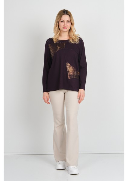 Kadın Boncuk Işlemeli Parlak Desenli Uzun Kol Anne Bluz 5744 Mürdüm fiyatları