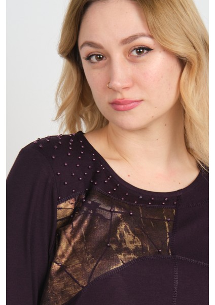 Kadın Boncuk Işlemeli Parlak Desenli Uzun Kol Anne Bluz 5744 Mürdüm modelleri