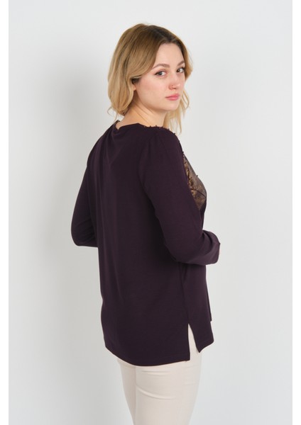 Kadın Boncuk Işlemeli Parlak Desenli Uzun Kol Anne Bluz 5744 Mürdüm fırsatları