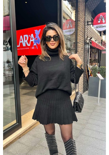 Mini Etek & Oversize Balıkçı Triko Takım Siyah