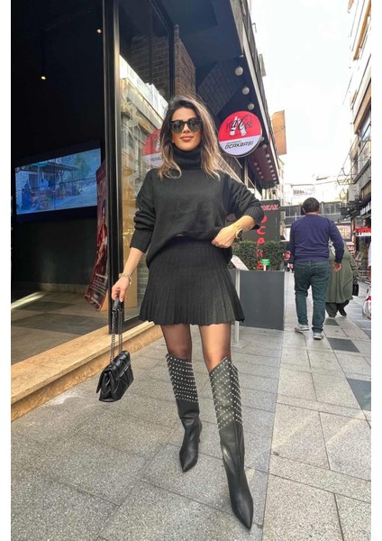 Mini Etek & Oversize Balıkçı Triko Takım Siyah