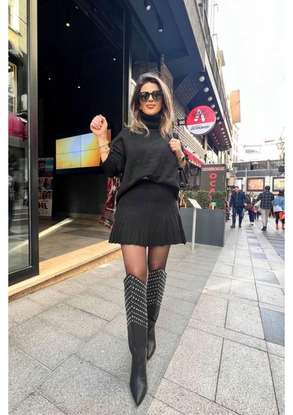 Mini Etek & Oversize Balıkçı Triko Takım Siyah