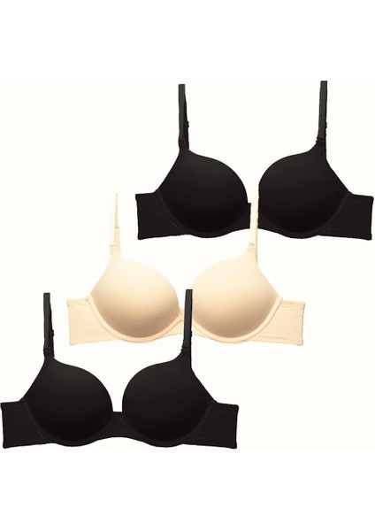 3'lü Paket Double Push Up Yumuşak Kaplı Örme Sütyen C37030 Siyah/ten