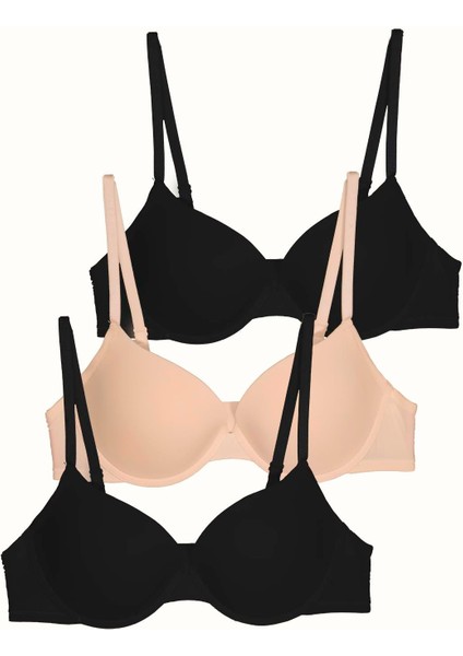 3'lü Paket Push Up Yumuşak Kaplı Örme Sütyen C38015 Siyah/ten