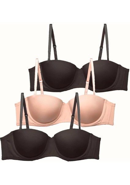 3'lü Paket Push Up Straplez Yumuşak Kaplı Örme Sütyen C38025 Siyah/ten